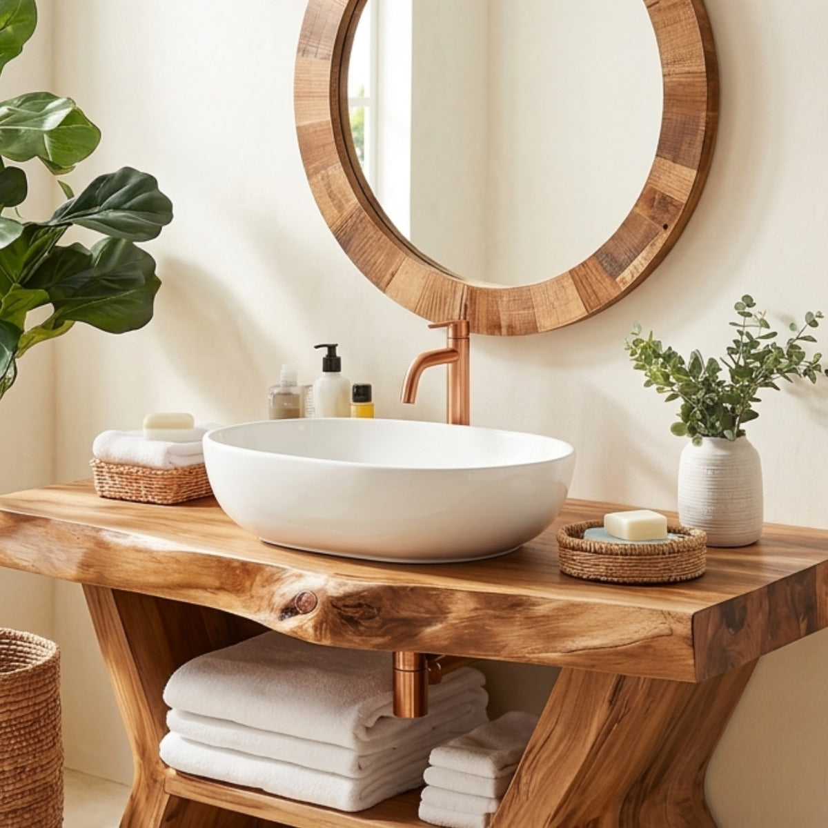 Modern solid wood vanity featuring sculptural wave legs