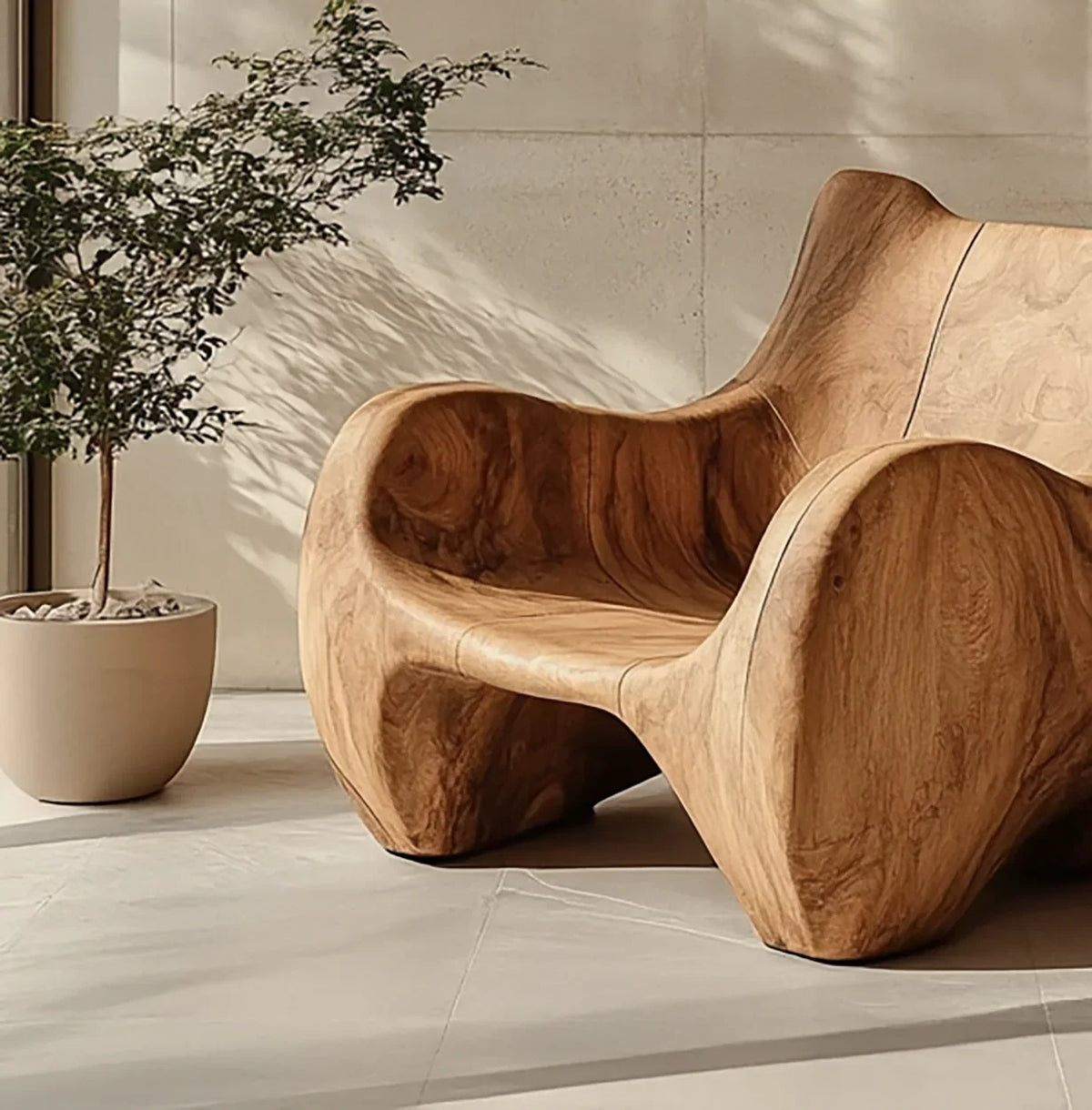 Handcrafted wooden lounge chair with artistic sculptural form