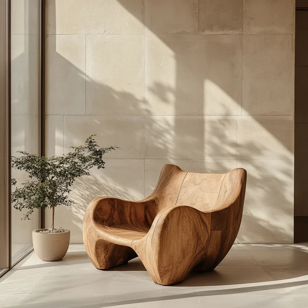 Sculptural wooden chair with natural grain and modern style