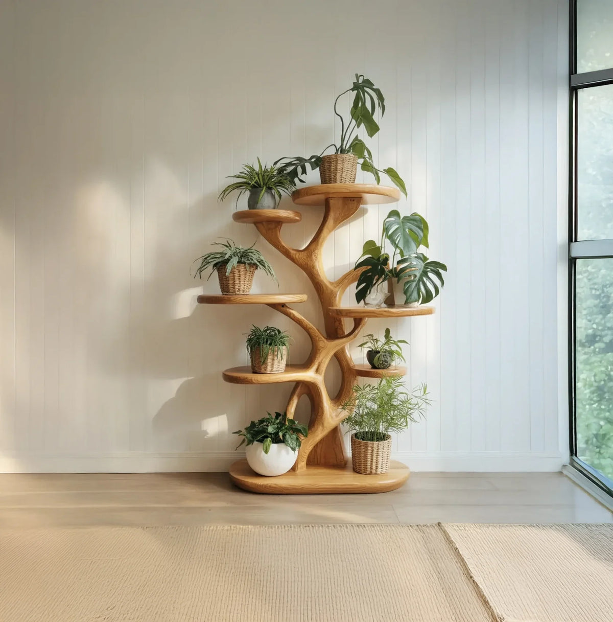 Artisan Sculptural Tree Plant Stand | Hand-Carved Solid Wood Indoor Display