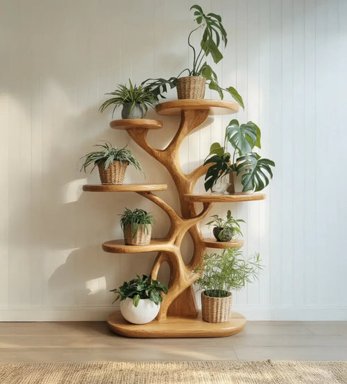 Artisan Sculptural Tree Plant Stand | Hand-Carved Solid Wood Indoor Display