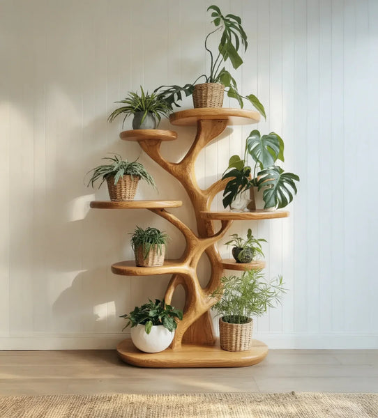 wood & stoneware indoor planter large Artisan Sculptural Tree Plant Stand