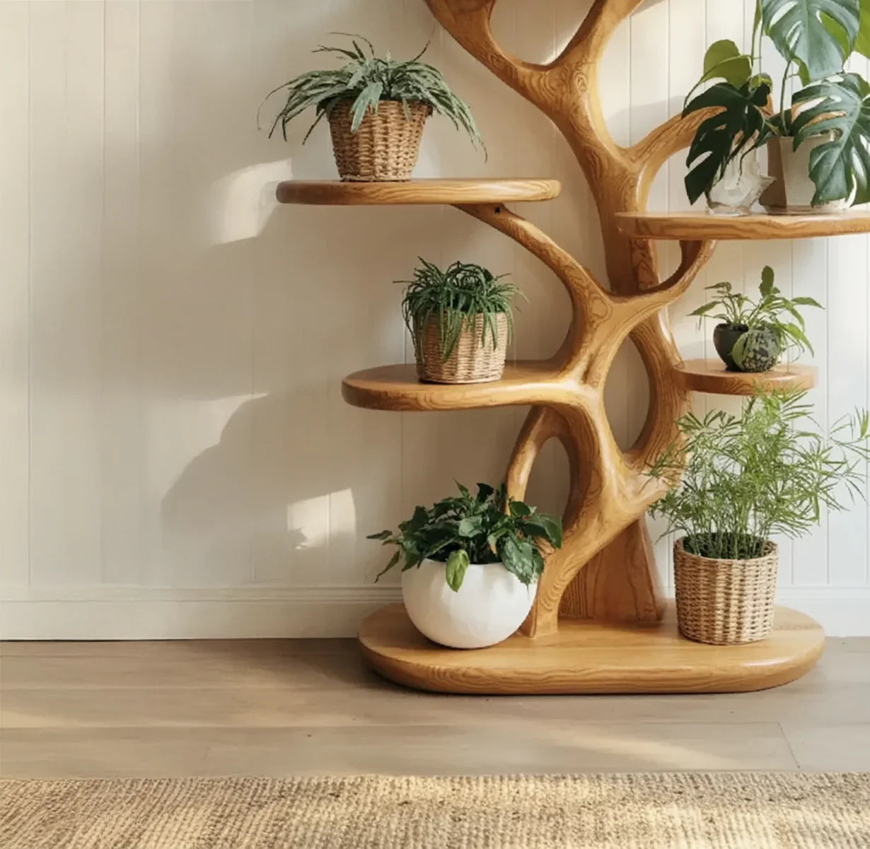 Artisan Sculptural Tree Plant Stand | Hand-Carved Solid Wood Indoor Di
