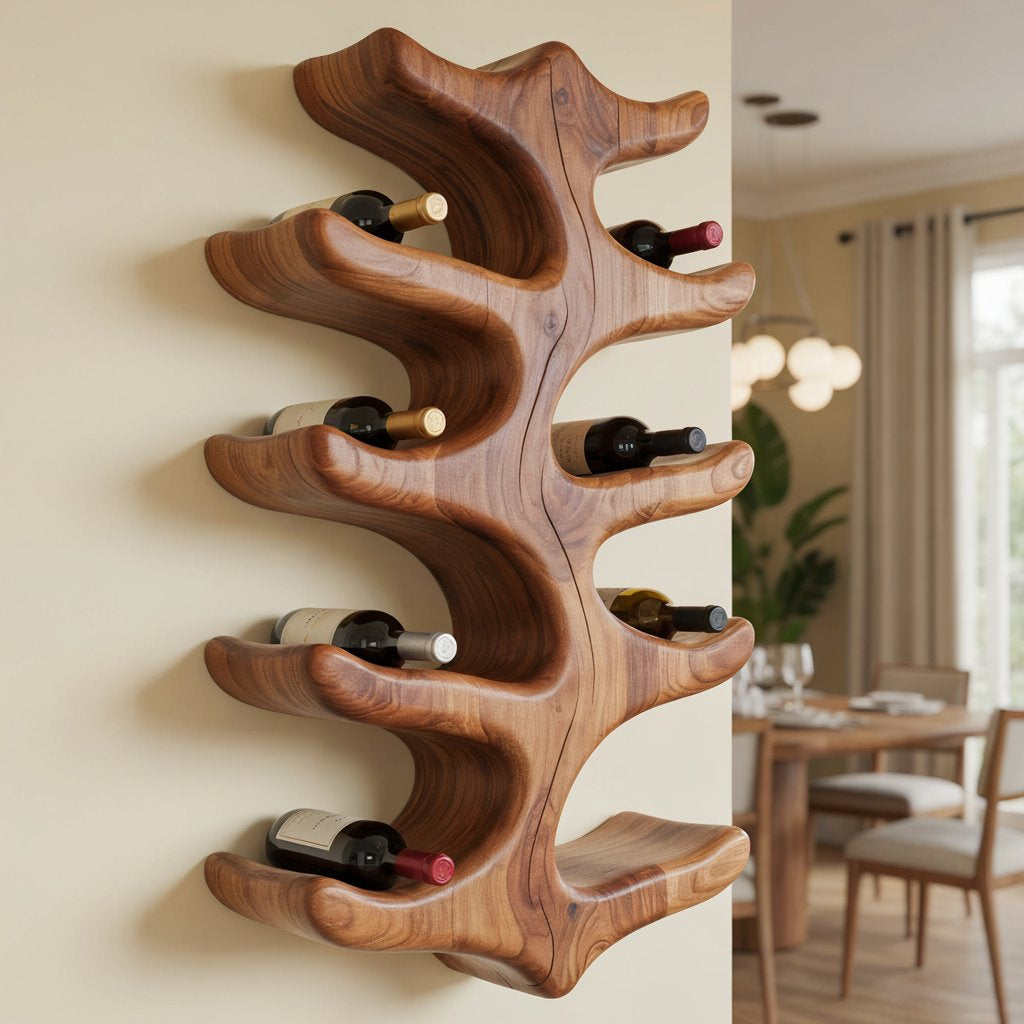 Artisan timber branch wall wine rack in solid wood