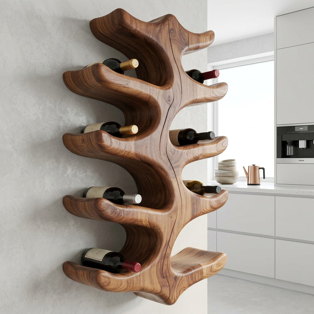Organic solid wood branch wine rack displayed in a minimalist kitchen