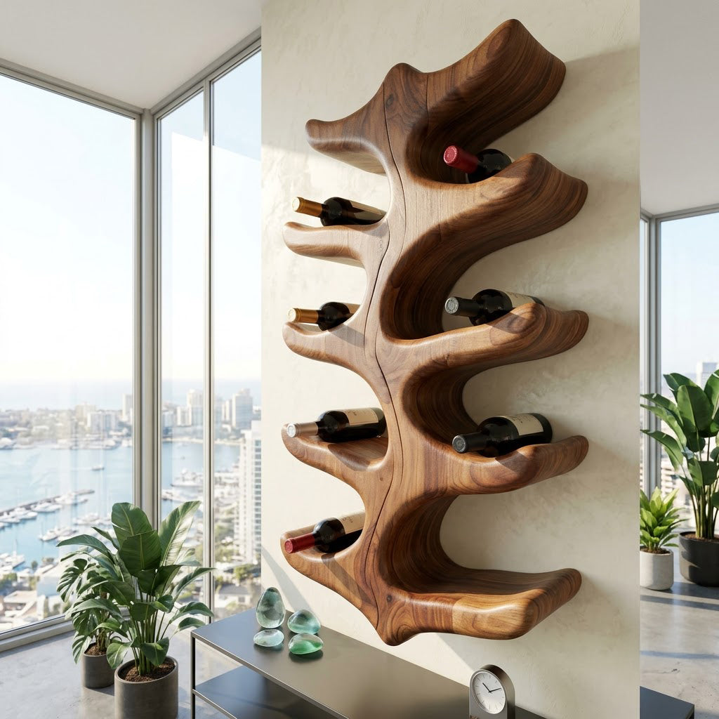 Artistic solid wood bottle rack enhancing a contemporary dining space
