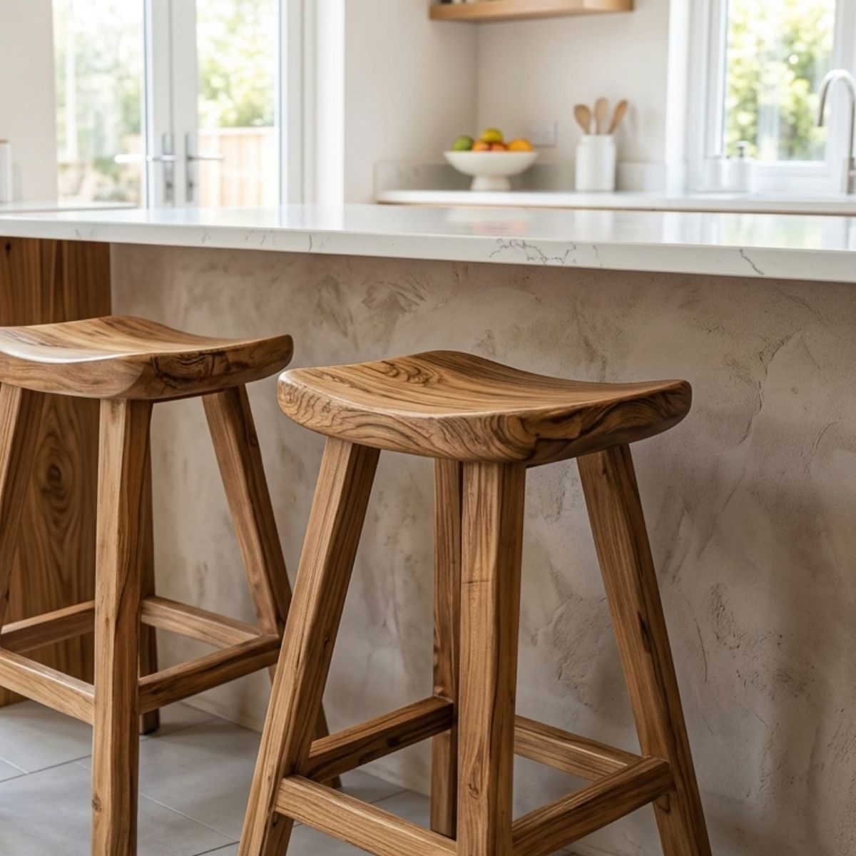 Rustic wooden bar stool with ergonomic saddle seat