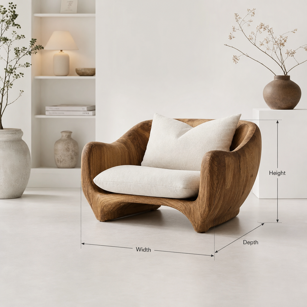 Artisan sculptural solid wood lounge chair for handcrafted accent lounge seating