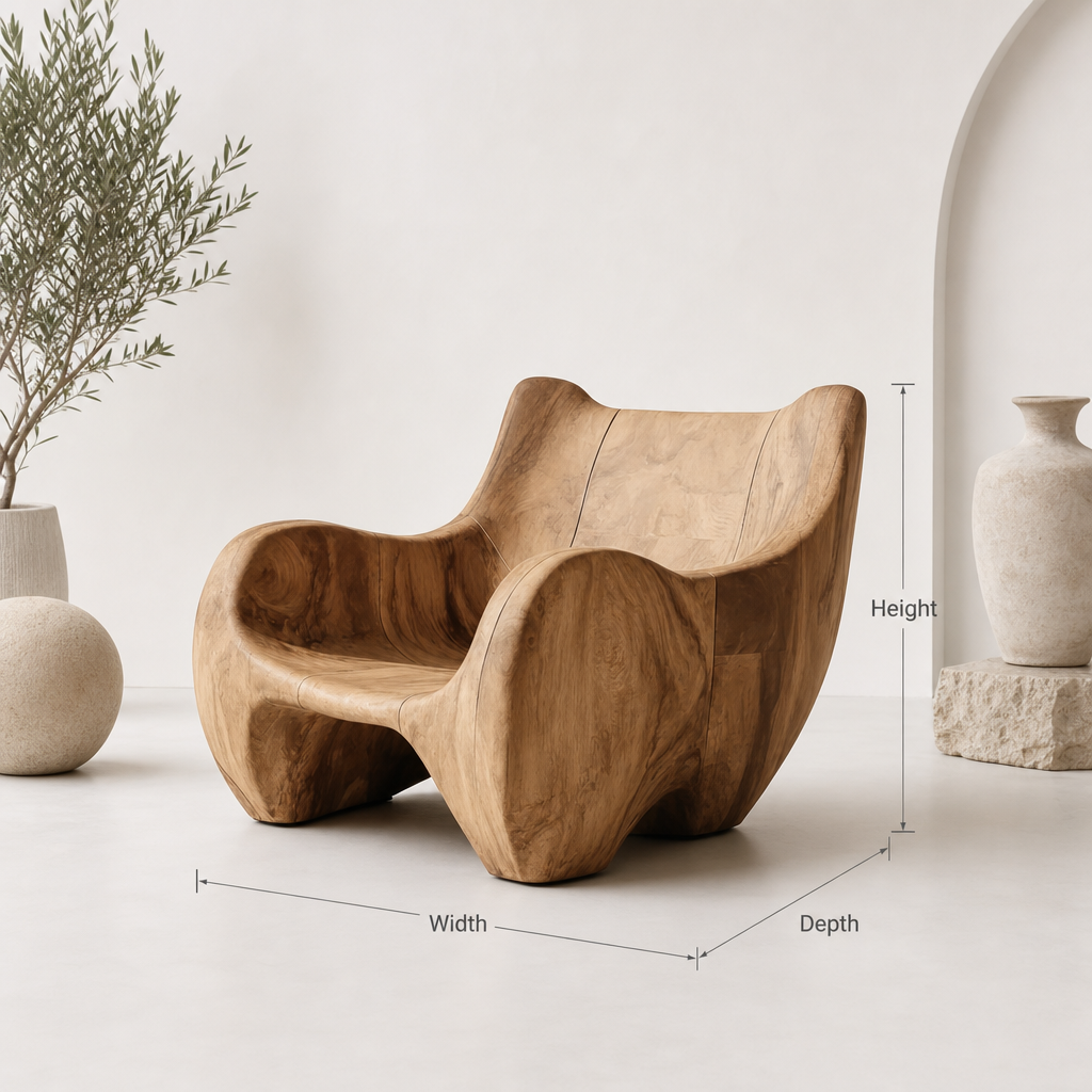 Artisan sculptural solid wood lounge chair for minimalist home interior seating