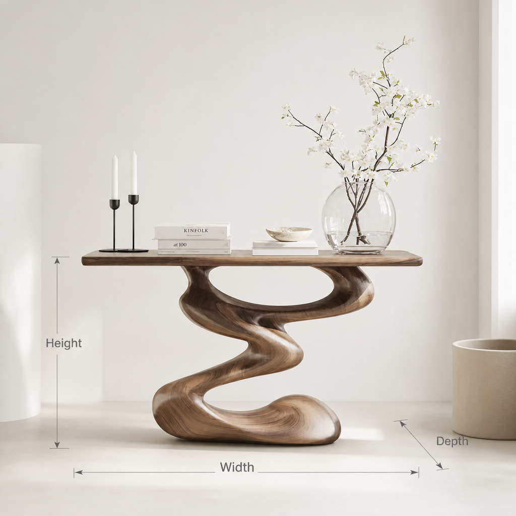 Artisan Solid Wood Console Table with Curved Sculptural Base – Minimalist Entryway Furniture