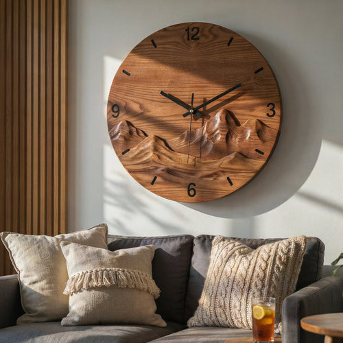 Artisanal Hand-Carved Solid Wood Mountain Wall Clock & Round 3D Landscape Relief Wall Art