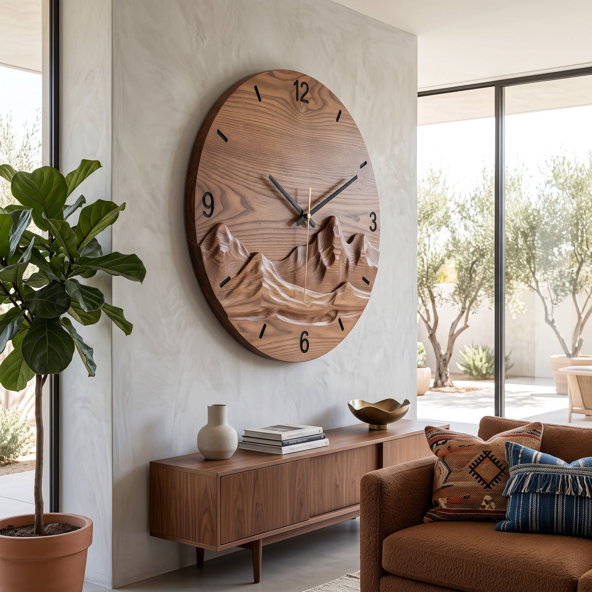 Artisanal solid wood mountain wall clock in a contemporary living room