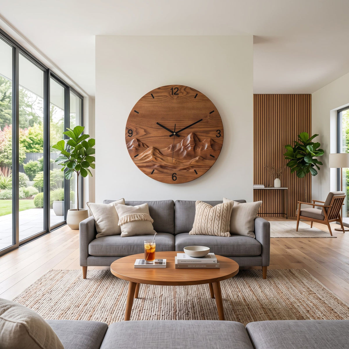Sculptural solid wood mountain clock displayed in a minimalist living space