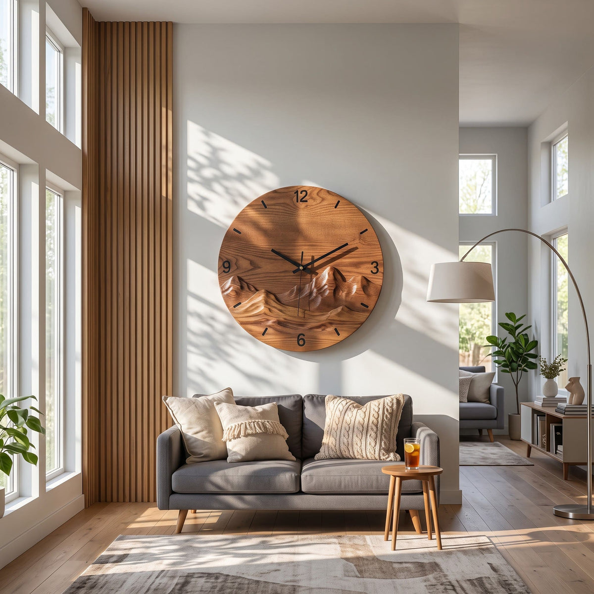 Artisanal solid wood mountain clock and relief wall art showcased in an elegant living room