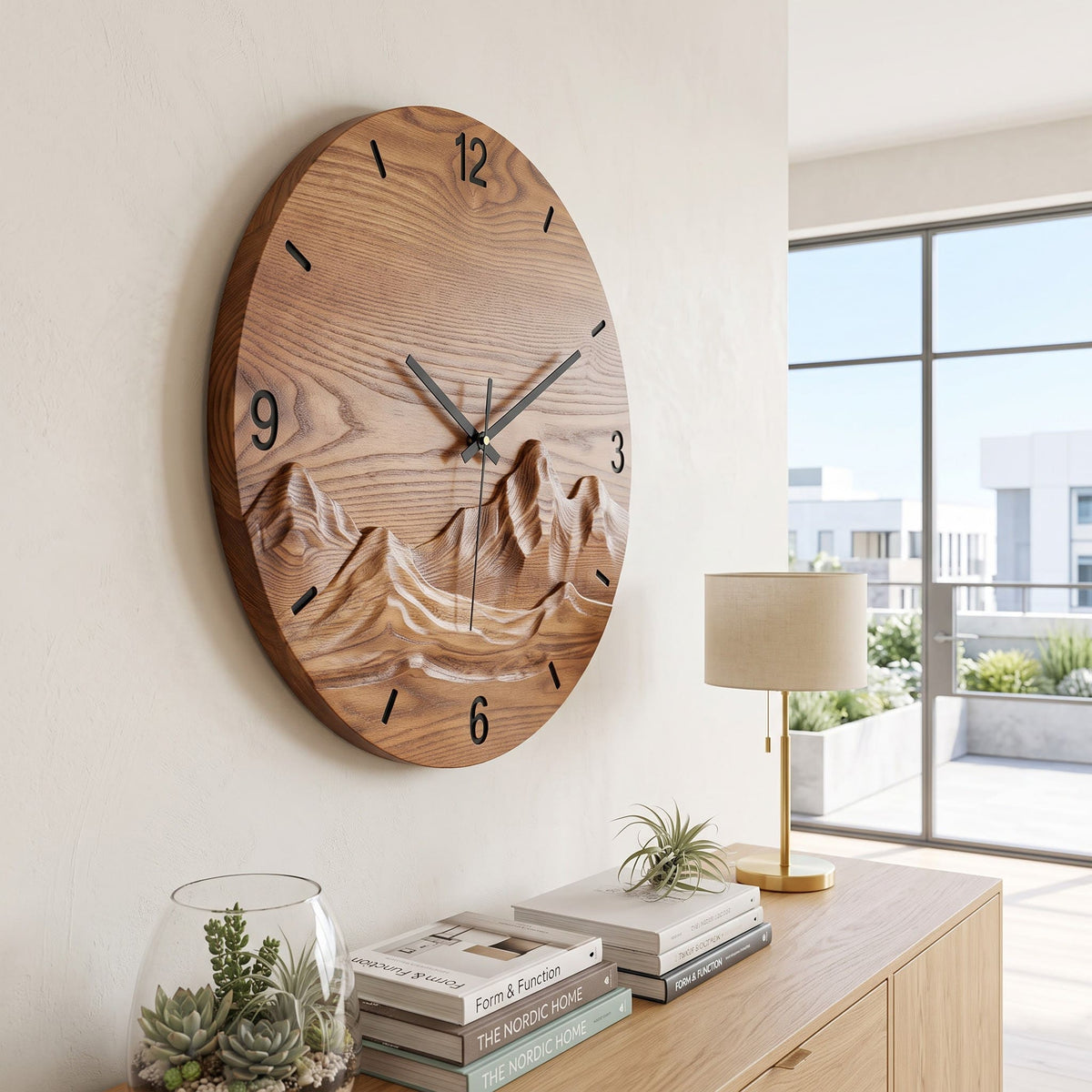 Artistic solid wood 3D landscape relief panel enhancing a contemporary home interior
