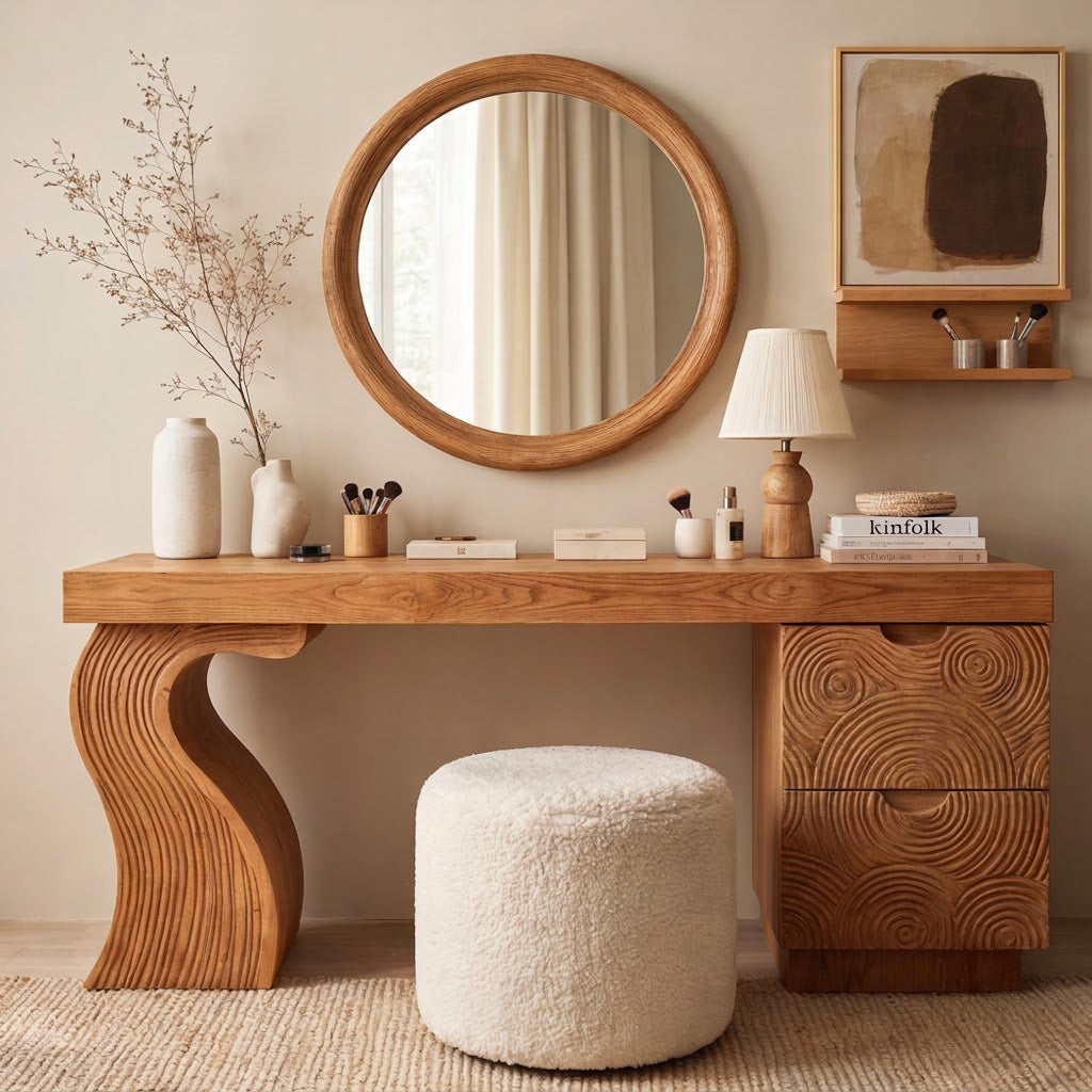 Artisanal solid wood vanity desk with concentric fluted drawers in a modern bedroom