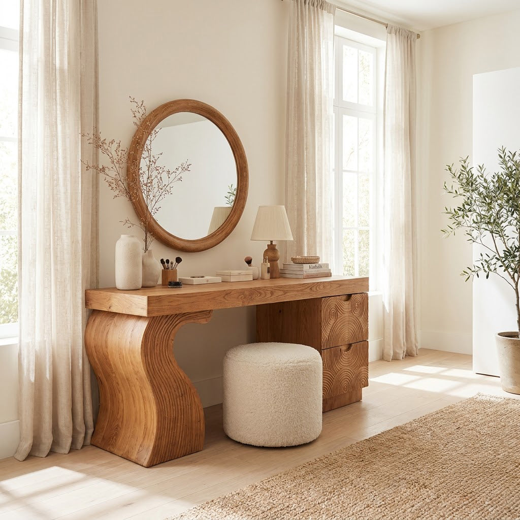 Hand-carved solid wood console table styled in an elegant dressing area