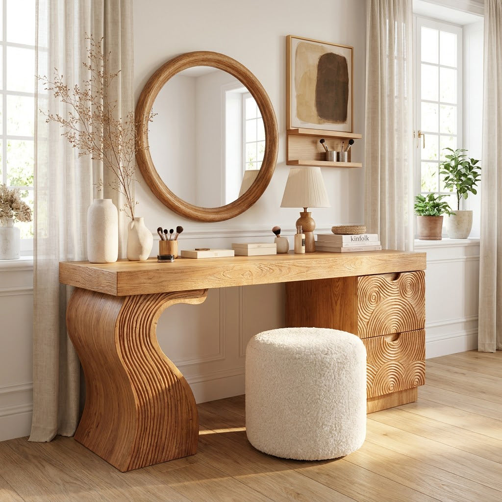 Sculptural solid wood vanity desk with fluted storage in a contemporary home interior
