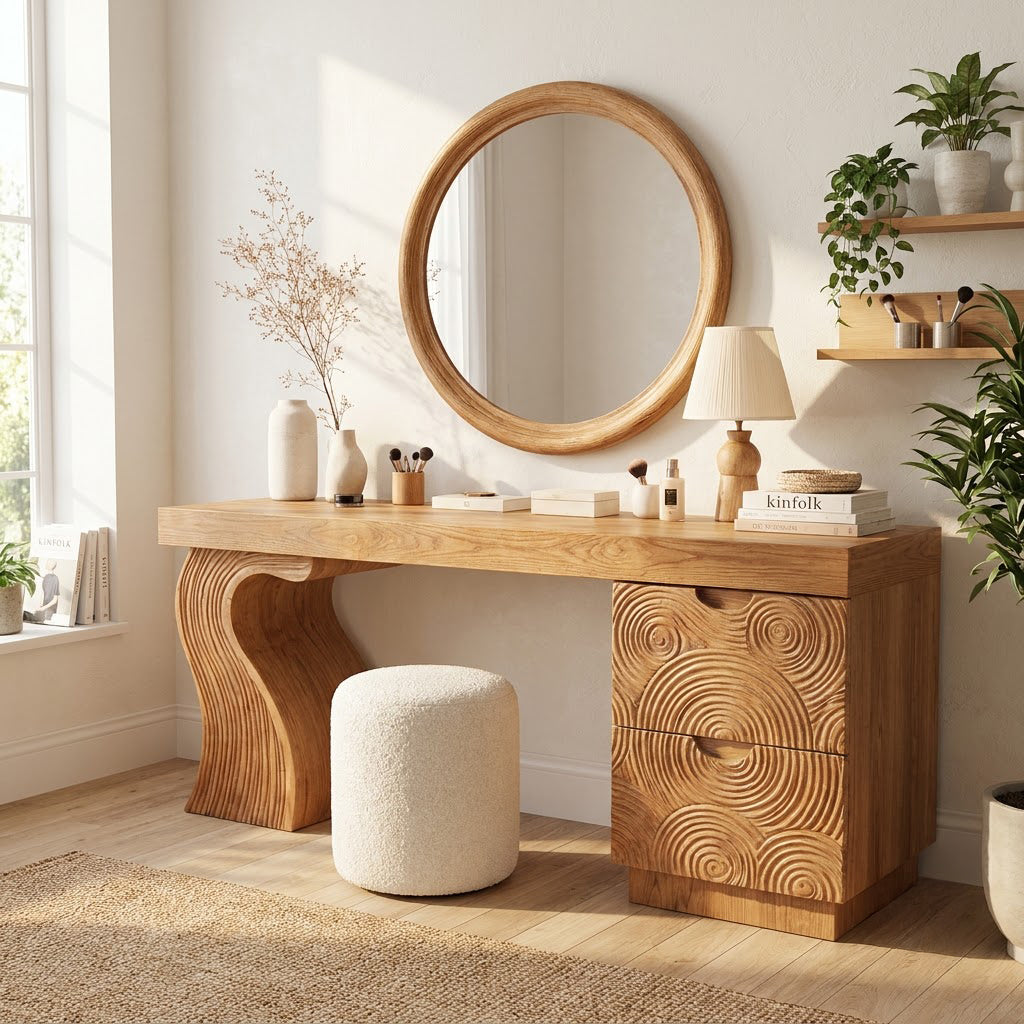 Artistic solid wood console table enhancing a minimalist bedroom workspace
