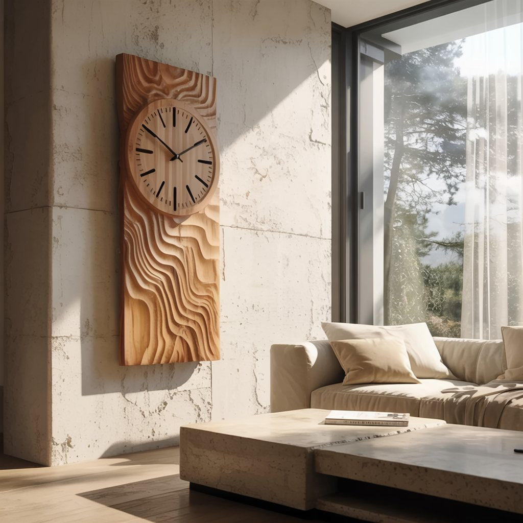 Artisanal wave wall clock panel in solid wood