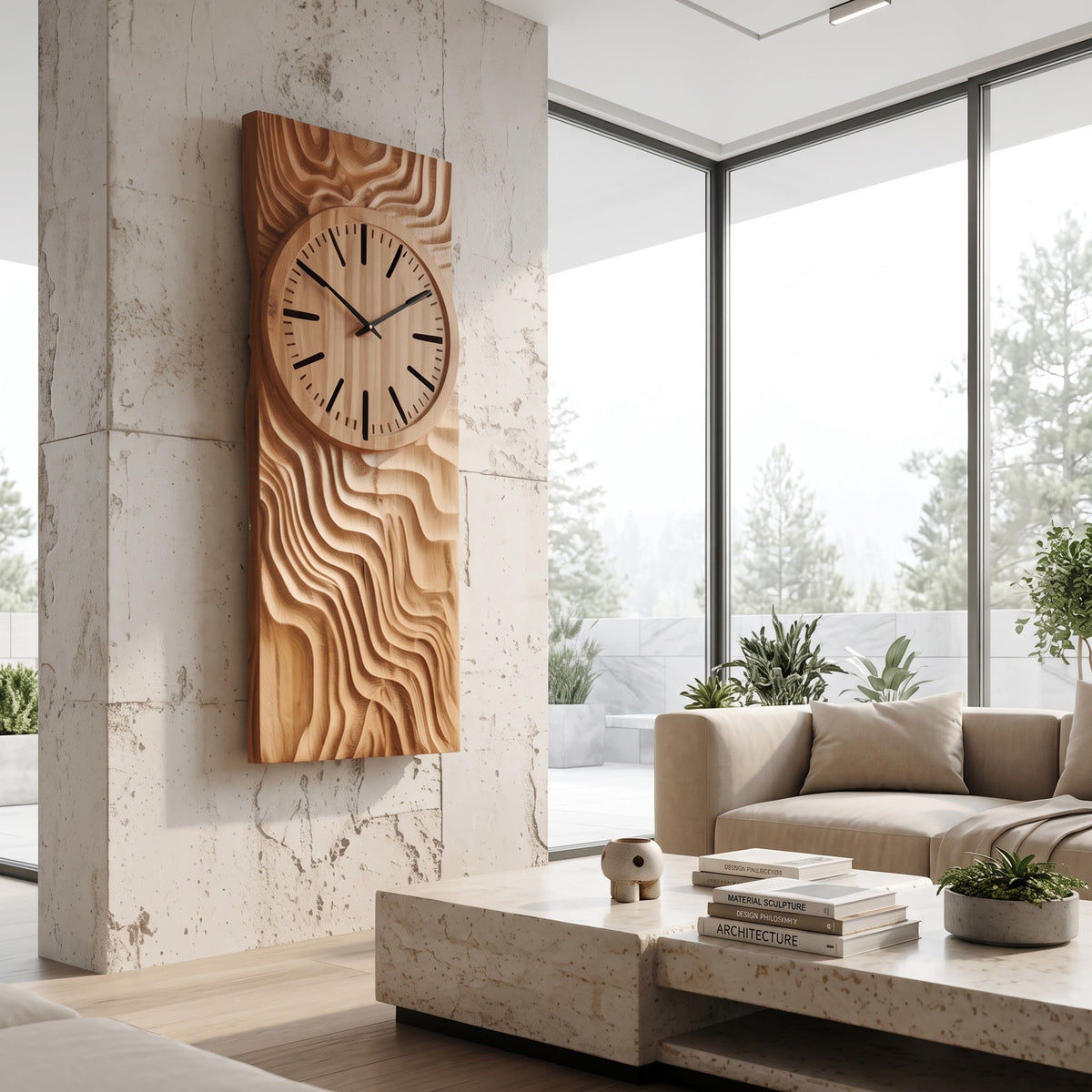 Artisanal solid wood wave wall clock panel in a contemporary living room