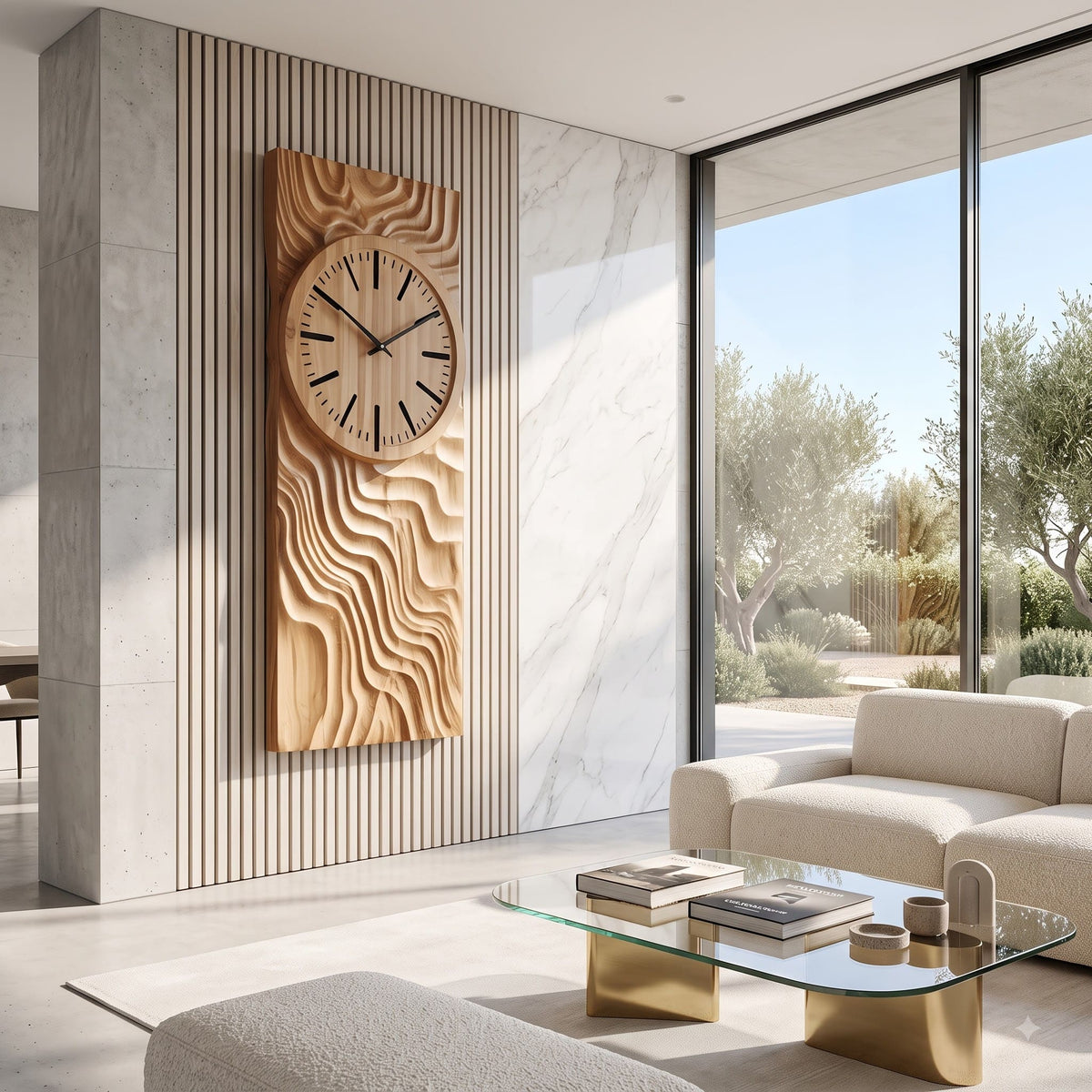 Hand-carved solid wood 3D relief wall art styled in a modern interior