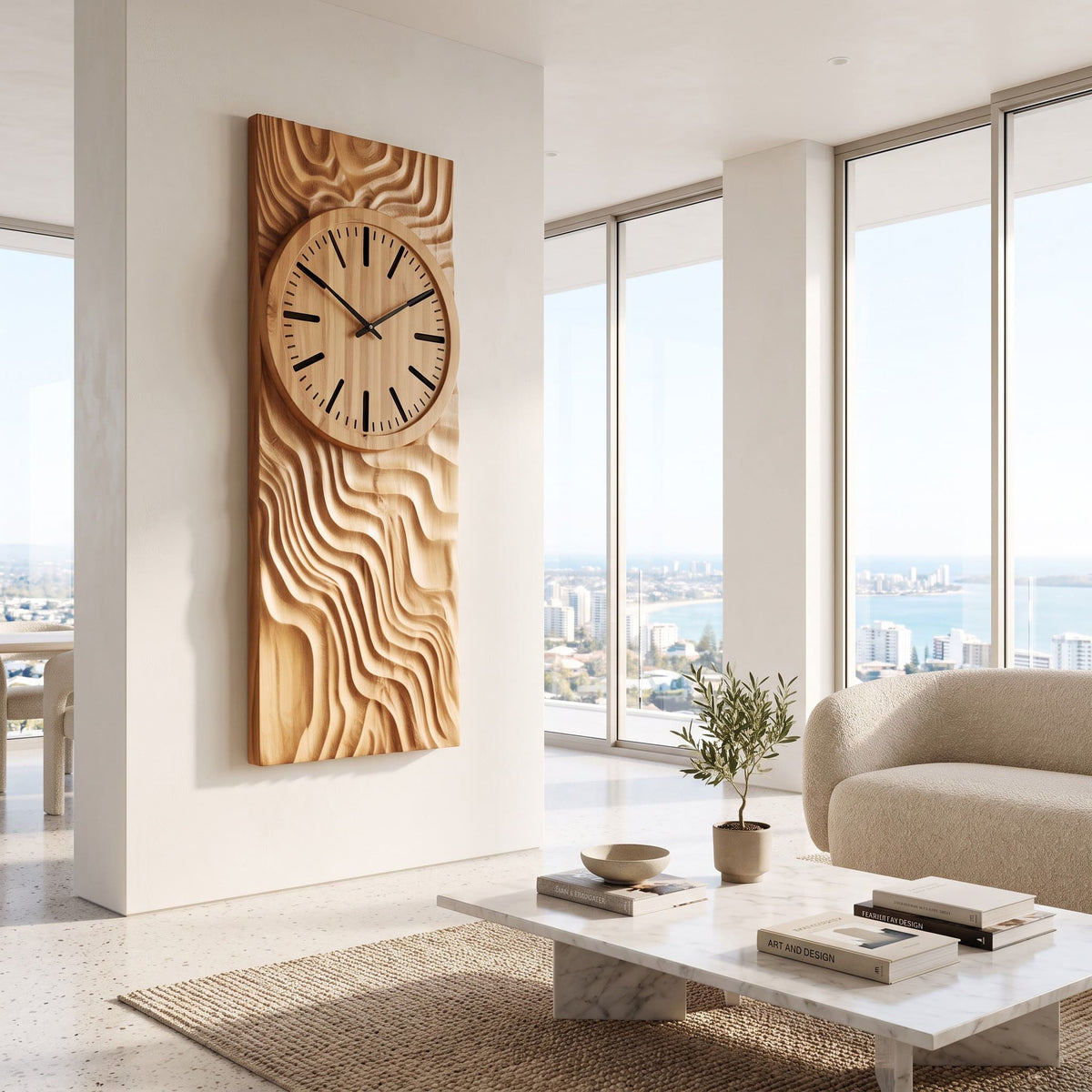 Artistic solid wood wave relief panel enhancing a minimalist living space