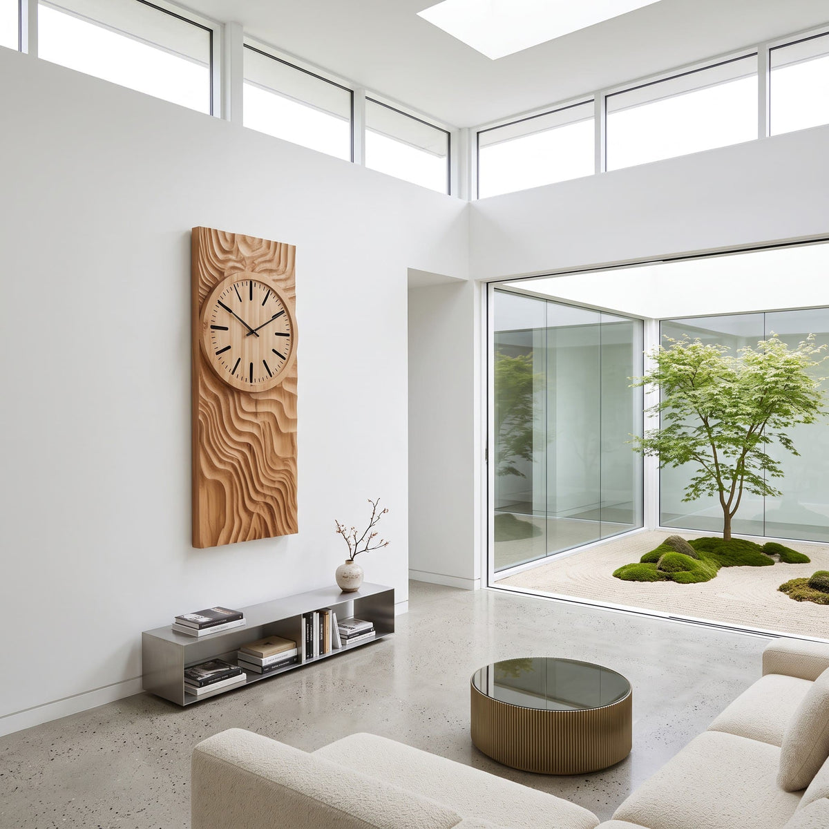 Artisanal solid wood wall clock and 3D relief art showcased in a sophisticated home