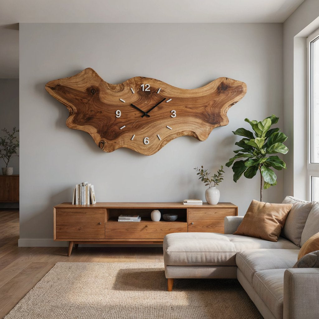 Artisanal horizontal live-edge wall clock in solid wood