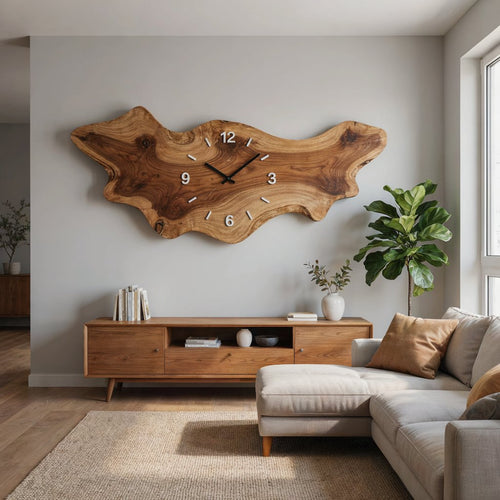Artisanal Horizontal Live Edge Solid Wood Wall Clock & Extra-Large Organic Freeform Slab Wall Art Panel