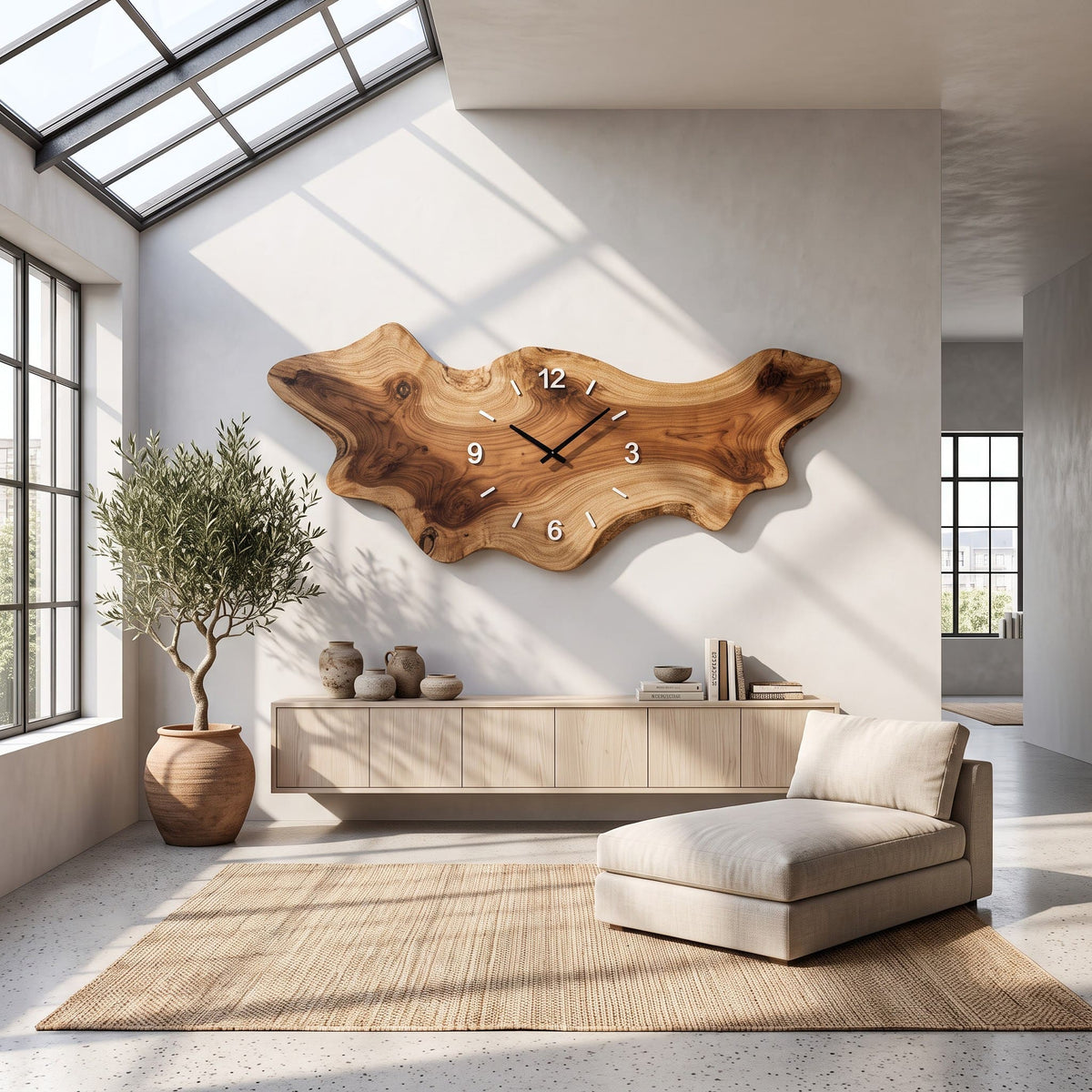 Extra-large solid wood freeform slab wall art panel styled in a modern interior