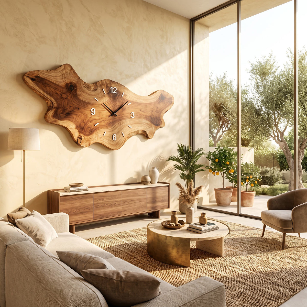 Artisanal solid wood wall clock and organic slab art showcased in an elegant living room