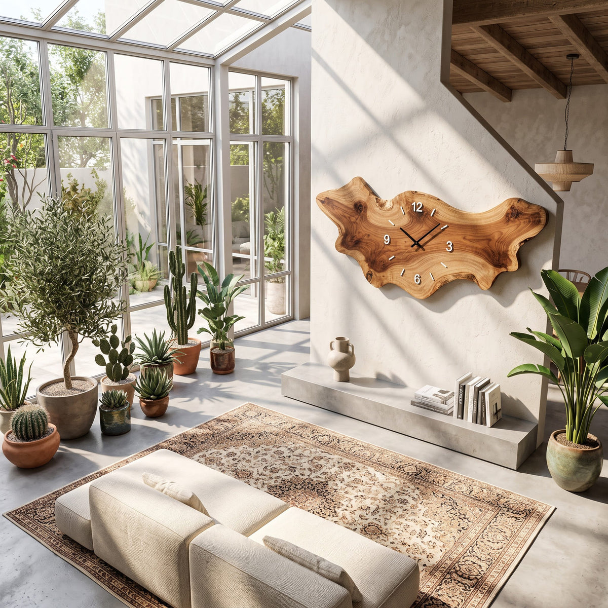 Organic live-edge solid wood wall clock displayed in a minimalist living space