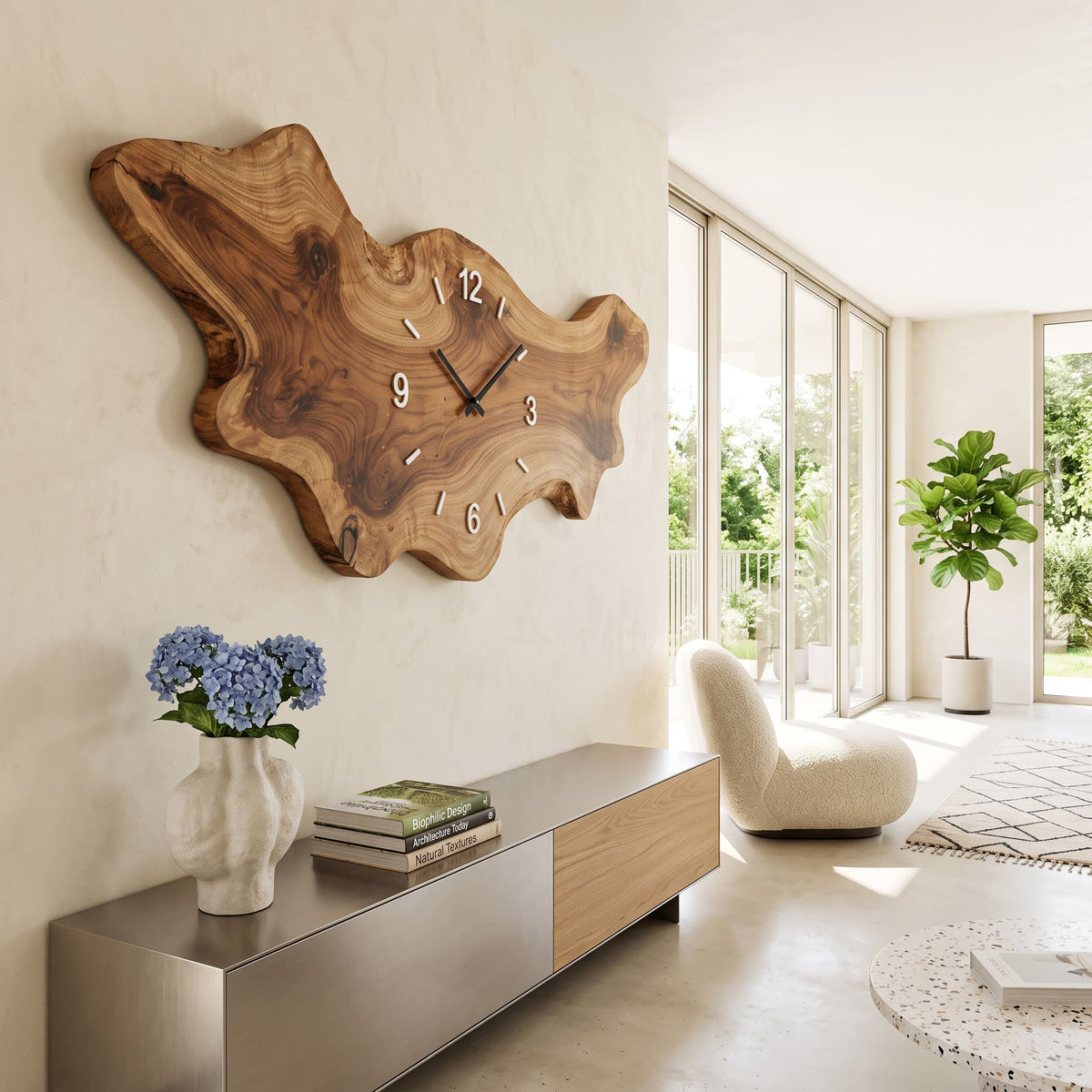 Artistic solid wood slab wall panel enhancing a contemporary home interior