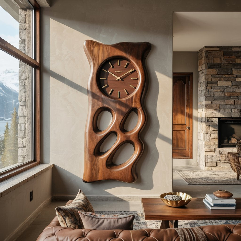 Artisanal biomorphic wall clock panel in solid wood