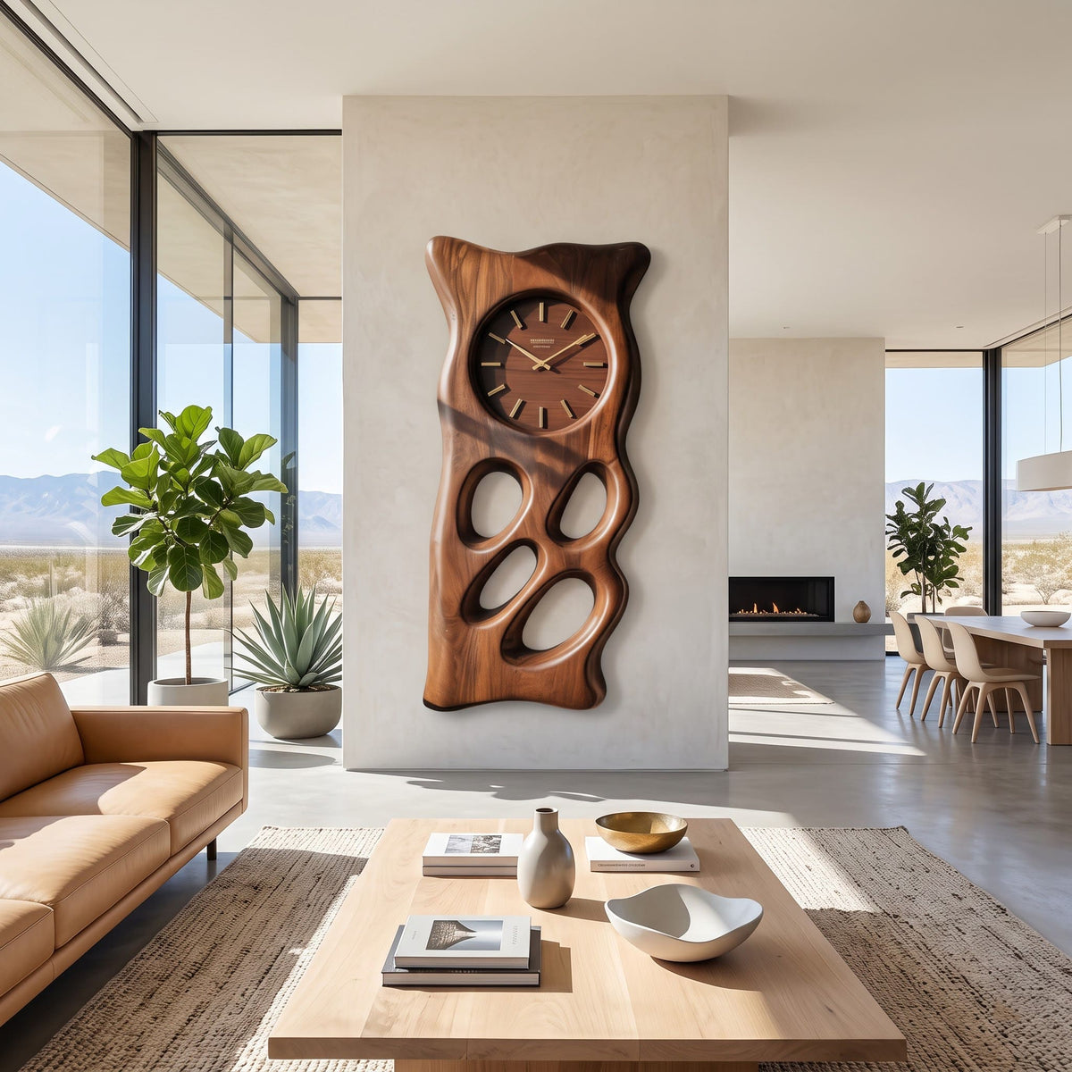 Artisanal solid wood biomorphic wall clock panel in a contemporary living room
