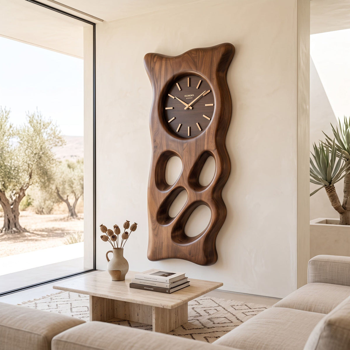 Organic solid wood wall clock displayed in a minimalist living space