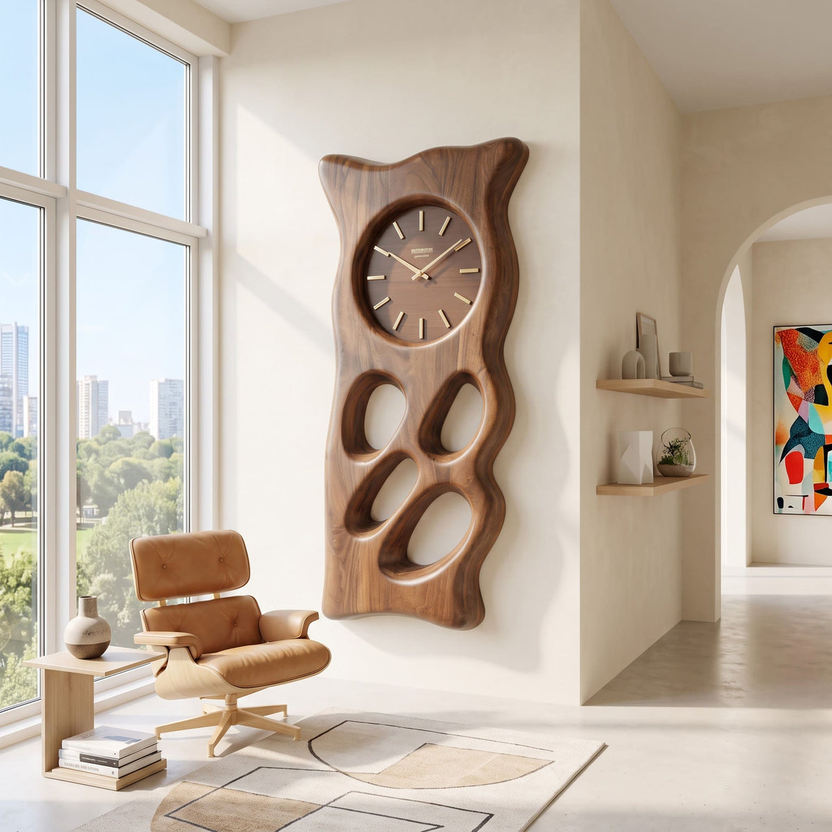 Artisanal solid wood wall clock and sculptural art showcased in a sophisticated living room
