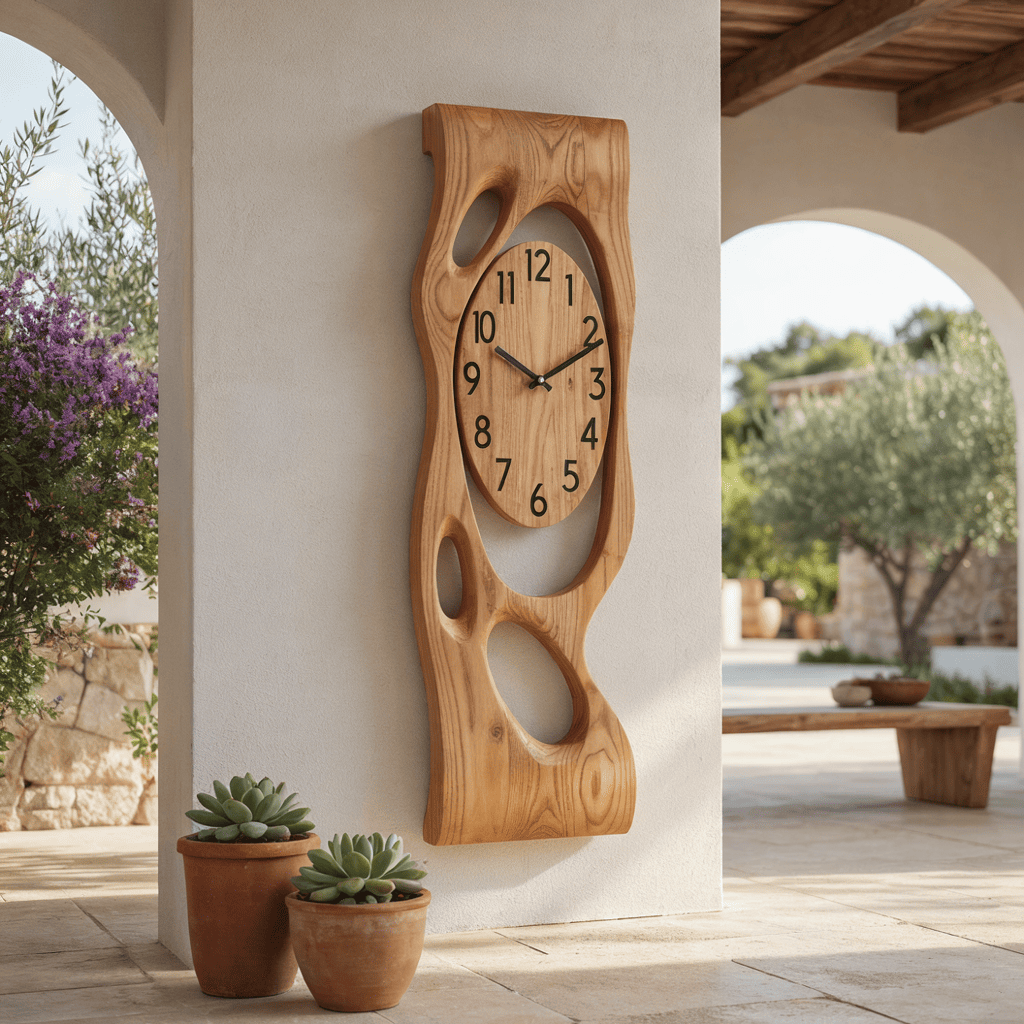 Artisanal biomorphic wall clock panel in solid wood