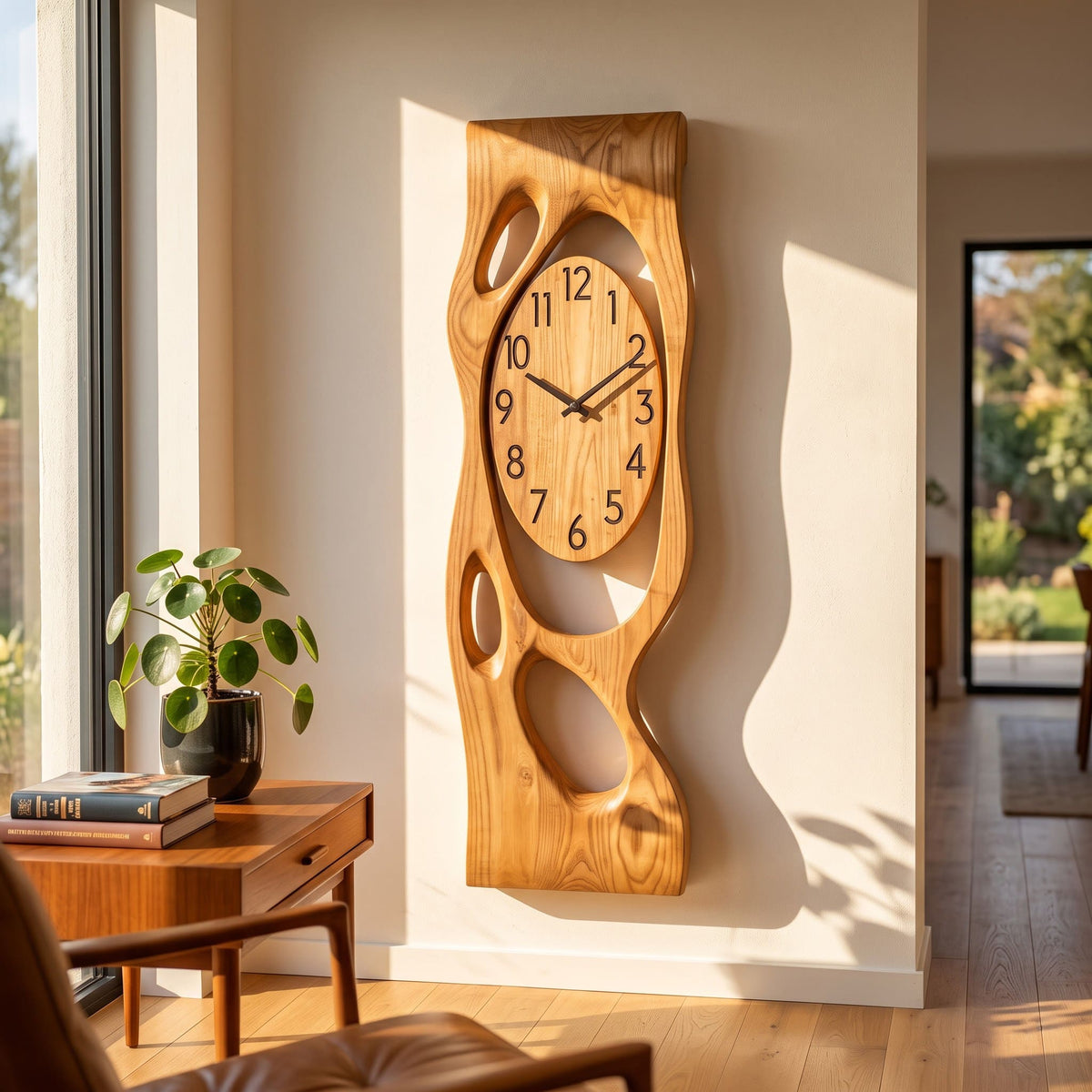 Organic solid wood negative space relief wall art with oval dial in a modern reading nook