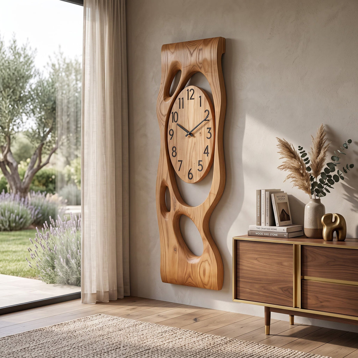 Artistic solid wood biomorphic relief panel enhancing a contemporary home interior