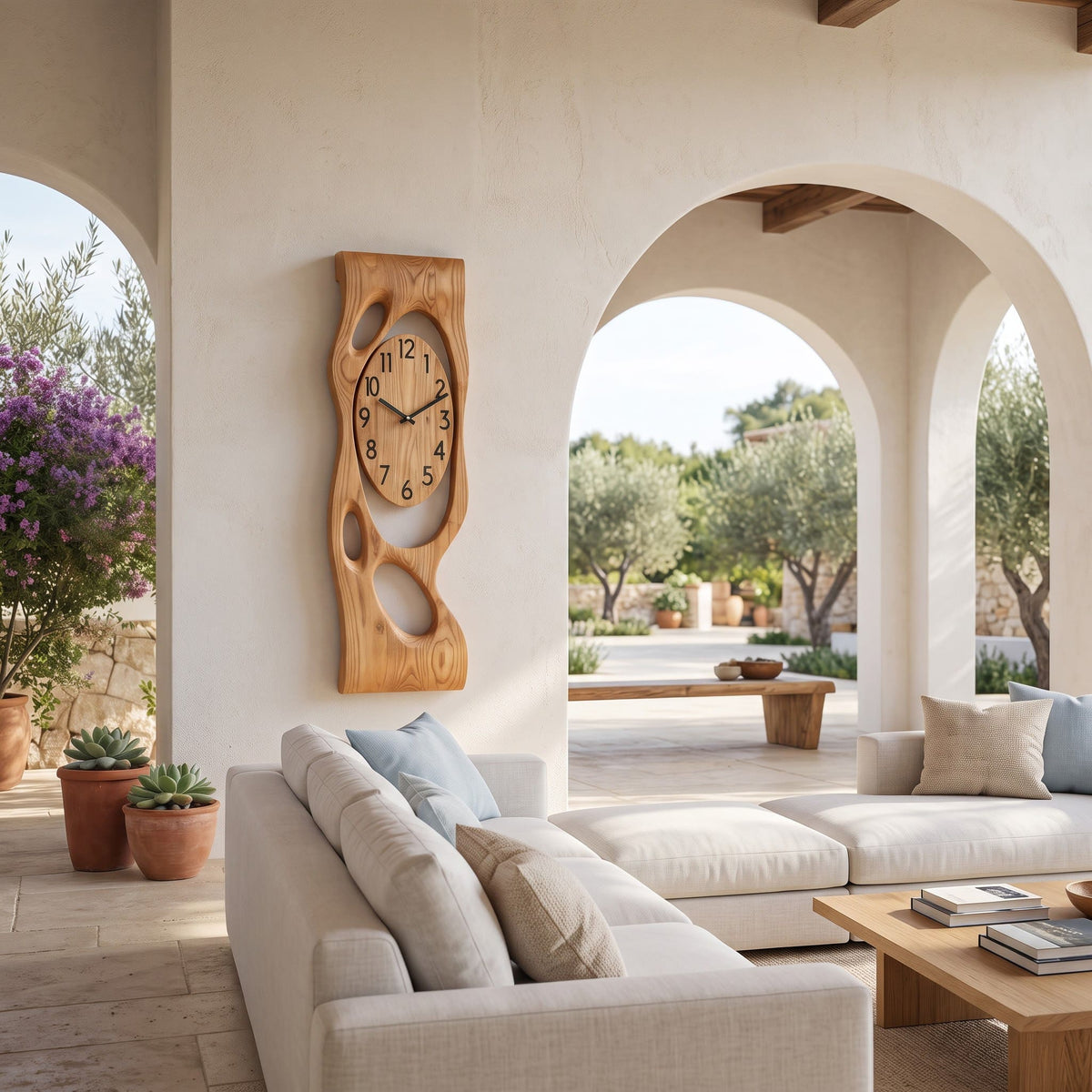 Artisanal solid wood wall clock with organic cutout detailing showcased in an elegant living room