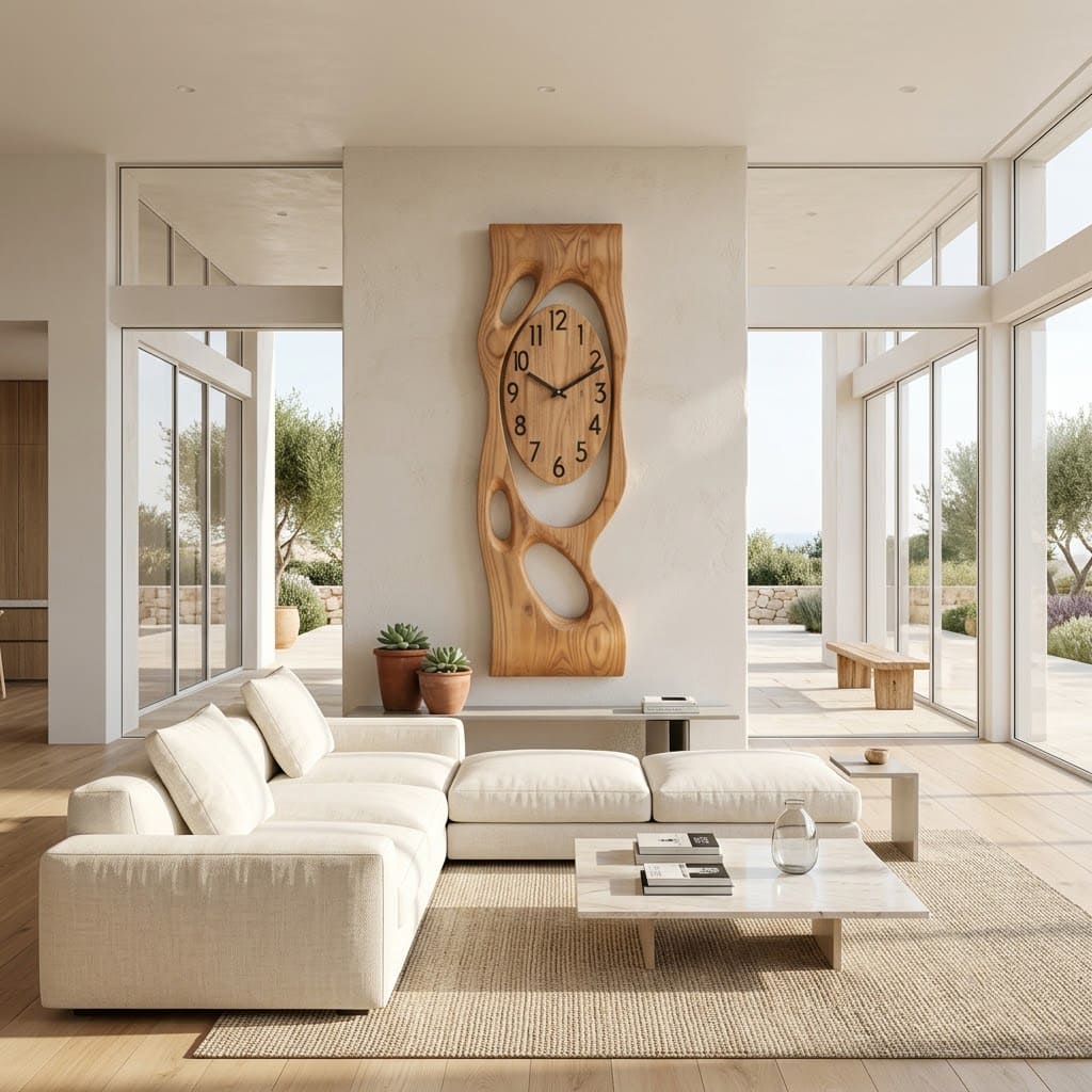 Sculptural solid wood oval dial wall clock displayed in a minimalist living space