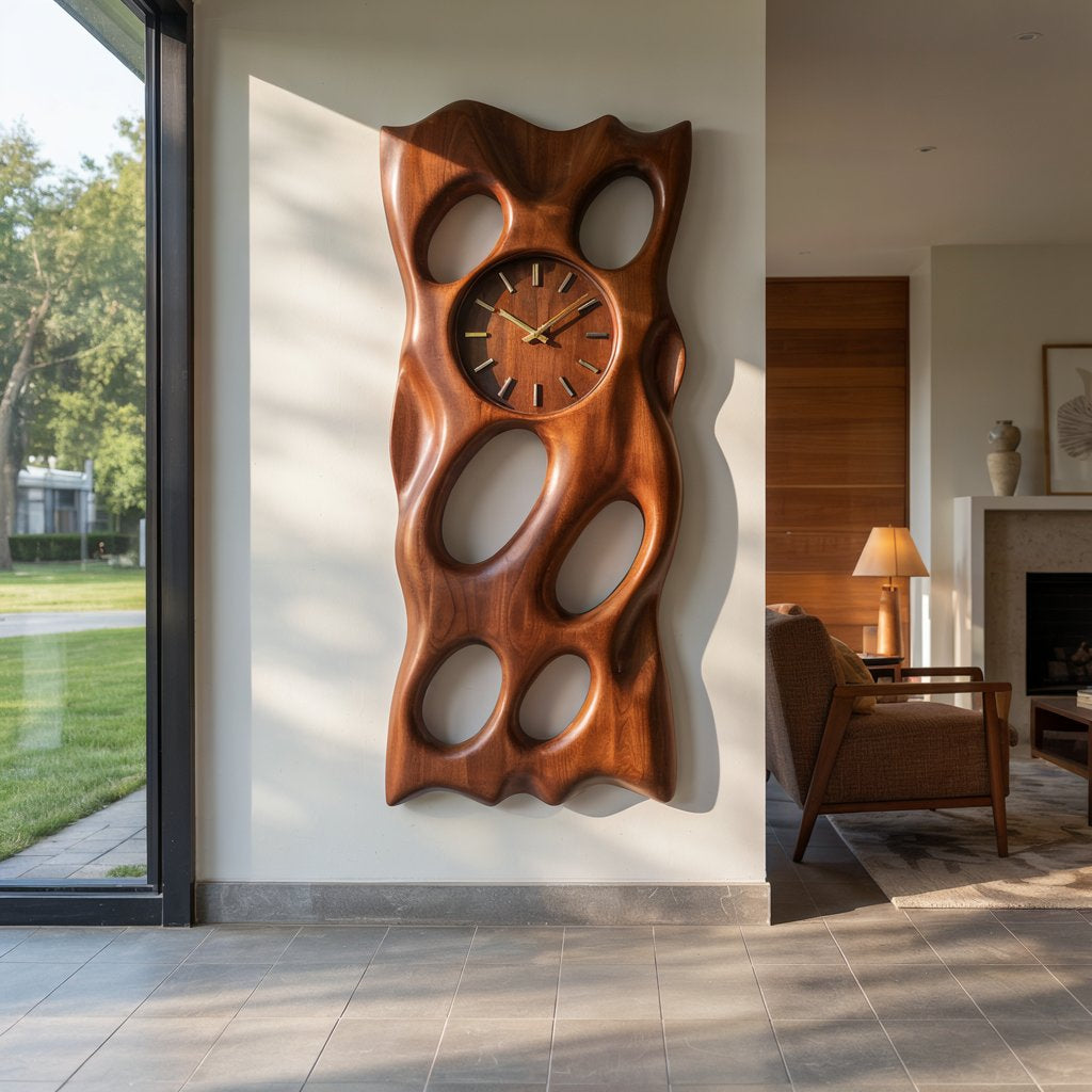 Artisanal biomorphic wall clock panel in solid wood