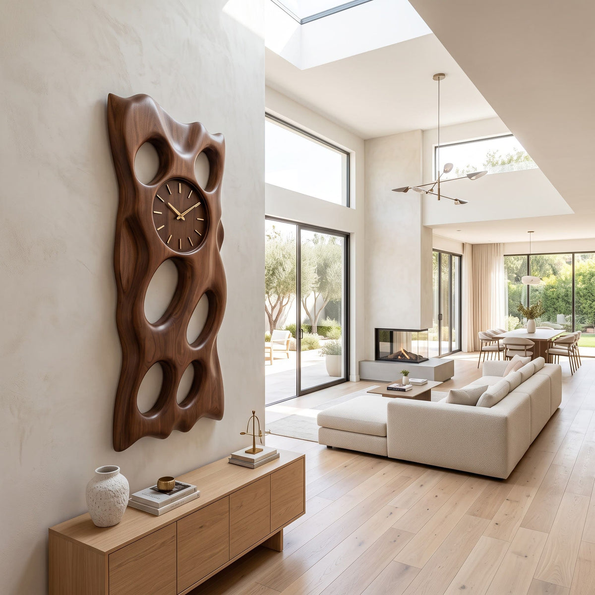 Artisanal solid wood wall clock and sculptural relief art showcased in an elegant living room