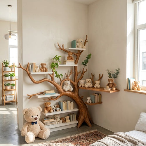 Artisanal Solid Wood Corner Tree Bookshelf & Whimsical Multi-Tier Nursery Wall Bookcase
