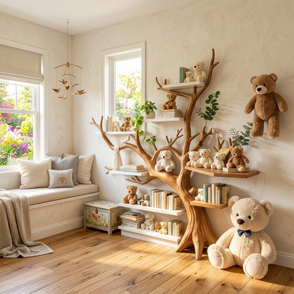 Whimsical solid wood corner tree bookshelf styled with picture books in a cozy nursery room