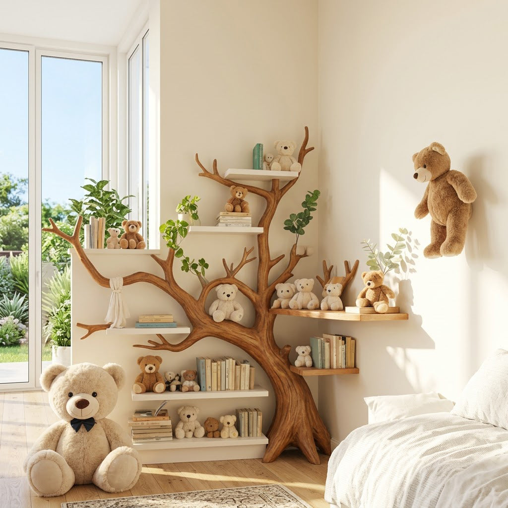 Artisanal natural wood multi-tier tree bookcase for a playful kids bedroom reading nook