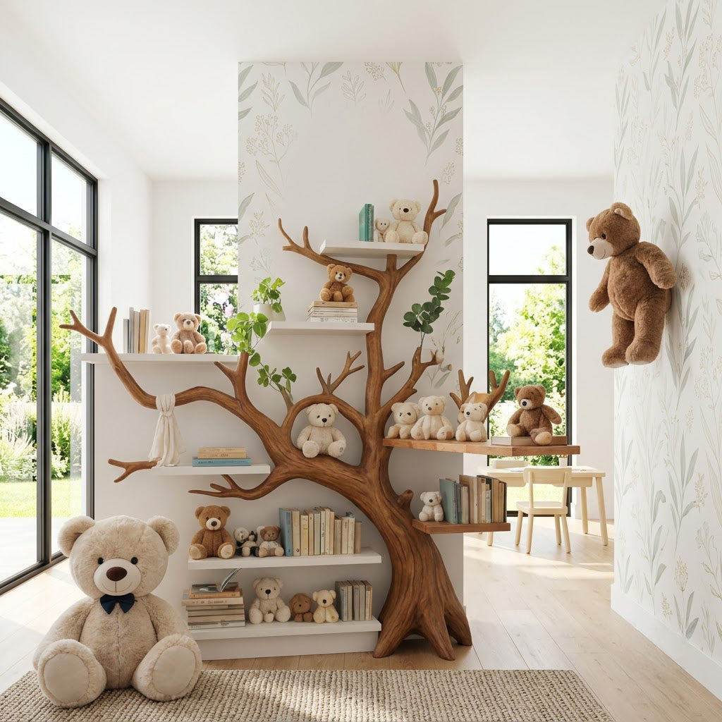 Contemporary solid wood corner branch book rack mounted in a sunlit playroom corner