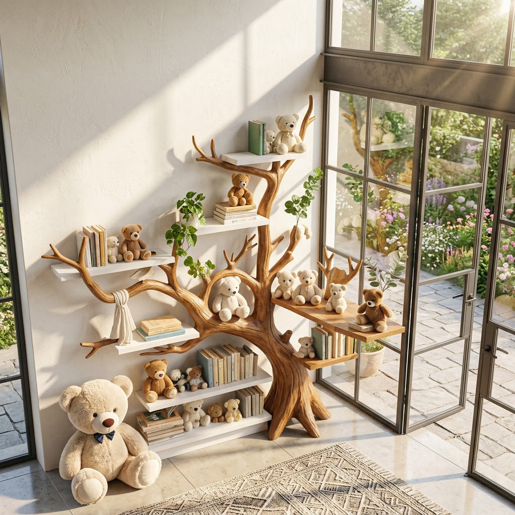 Organic solid timber tree-shaped display bookshelf elevating a Waldorf-inspired toddler study area